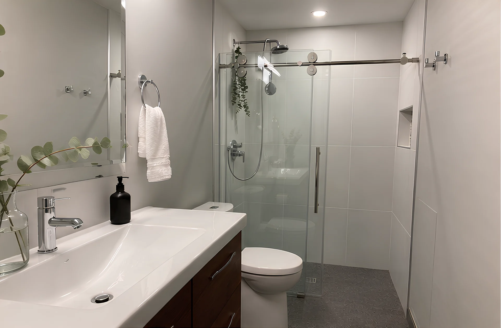 Completed modern bathroom with a glass shower, vanity and coordinated finishes